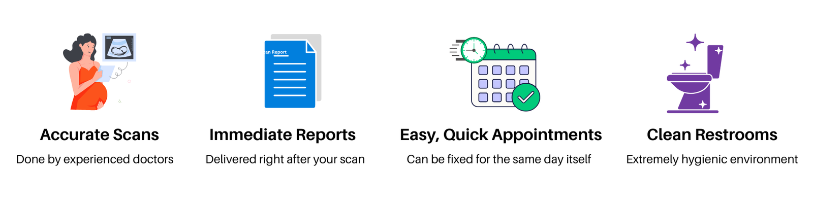 accurate scans, immediate reports, quick appointments, clean restrooms
